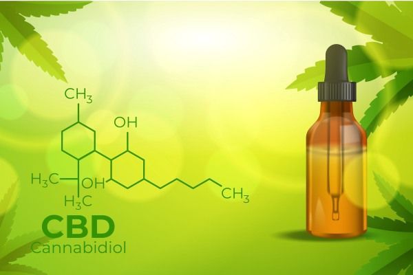 CBD - dibujo de un frasco con cuentagotas con un producto con Cannabidiol y la formula orgánica del producto
