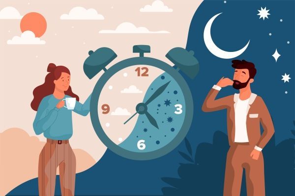 Melatonina - dibujo del ciclo de día y noche con un despertador con una mitad en el día y otra mitad en la noche, al tiempo que una mujer toma café en el día y un hombre bosteza en la noche
