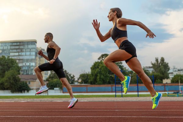 Esguince de tobillo - un hombre y una mujer vestidos con ropa deportiva corriendo en una pista de atletismo