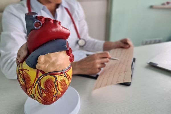 primer plano de una maqueta del corazón humano sobre la mesa de un cardiólogo que se encuentra revisando un cardio electro grama