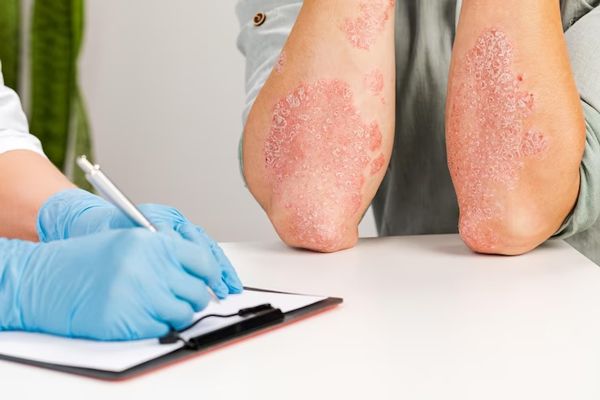 paciente en la consulta del dermatólogo mostrándole su problemas cutáneos en los antebrazos