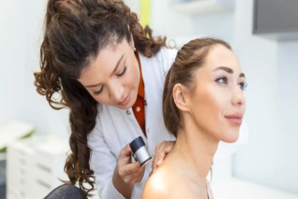 Lupus - mujer en la consulta de la dermatóloga sometiéndose a una revisión de la piel en busca de señales de la enfermedad