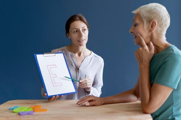 mujer mayor en la consulta de la logopeda aprendiendo de nuevo a reconocer las letras