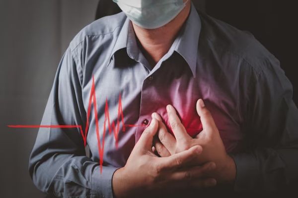 Hombre con mascarilla agarrándose el pecho por problemas cardiacos
