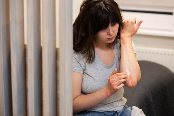 psoriasis - mujer sentada en el sofá aplicando un medicamento tópico para el control de los síntomas de la enfermedad