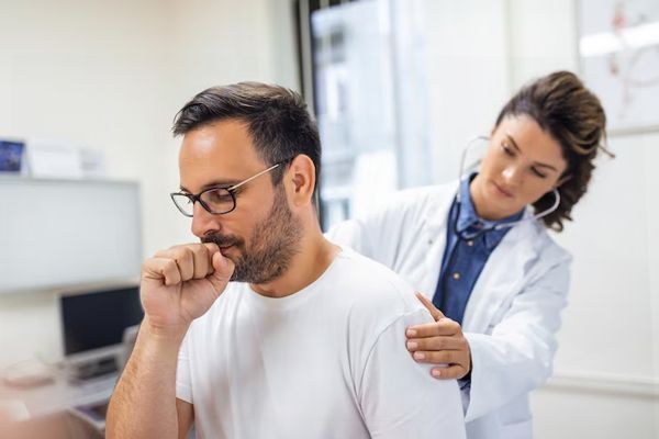 Tuberculosis - hombre en la consulta del medico tosiendo mientras la doctora le ausculta la espalda