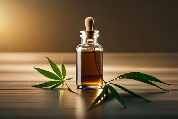 CBD - frasco con aceite de CBD sobre una mesa con unas hojas de marihuana
