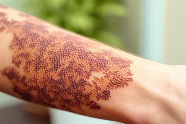 Esclerodermia - Foto del brazo de una persona que padece de esclerosis sistémica, el cual posee síntomas de cambios de coloración y dilatación de vasos sanguíneos