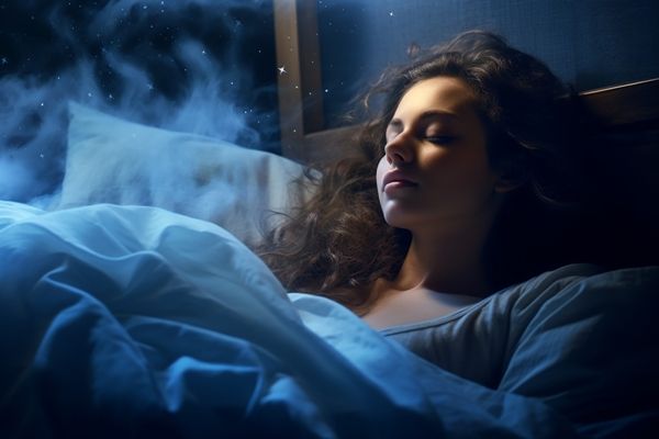 Melatonina - mujer durmiendo en la cama con una excelente calidad de sueño como simbolizan las nubes alrededor de la cama