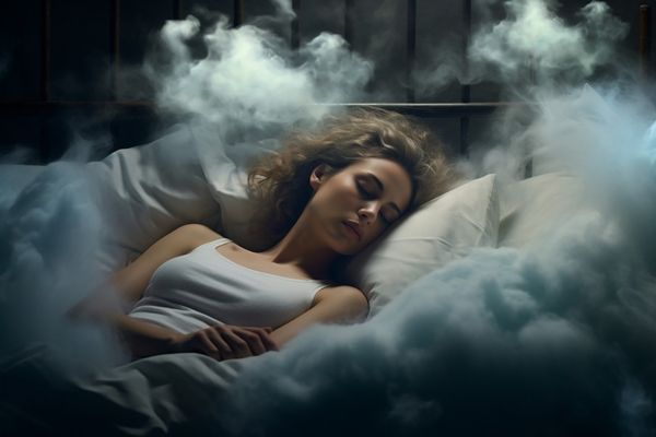 Melatonina - mujer durmiendo en la cama con una excelente calidad de sueño como simbolizan las nubes alrededor de la cama