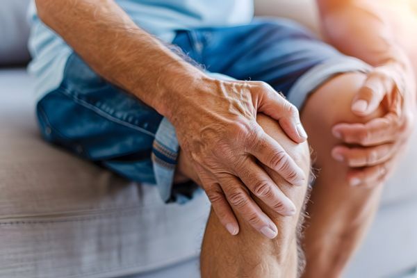 Bursitis - Hombre sintiendo dolor en las rodillas, debido al desgaste de las bolsas sinoviales por la edad