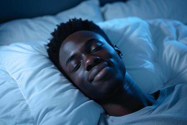 Melatonina - hombre joven de color durmiendo felizmente en la cama