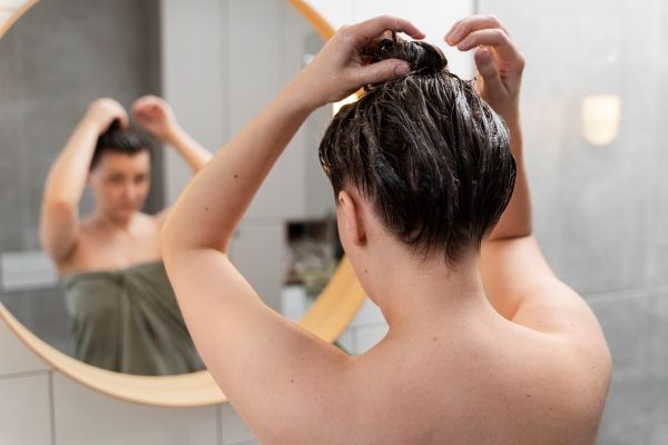 Pediculosis - Mujer aplicando un champú especial en su cabello, el cual elimina los piojos y liendres del cuero cabelludo