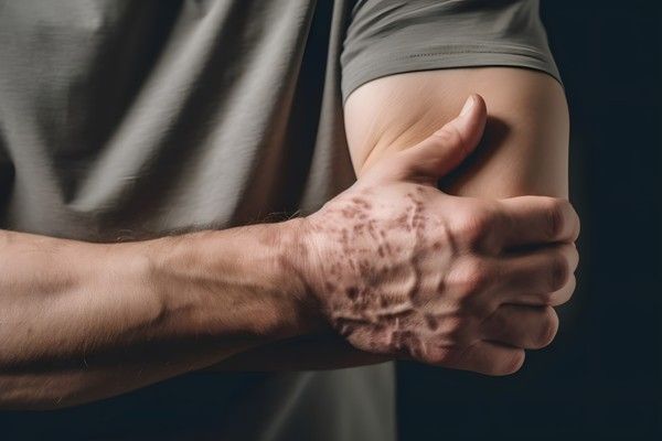 Bursitis - Hombre sintiendo dolor en el codo debido a una mala postura durante la realización de ejercicios, lo cual inflama las bolsas sinoviales