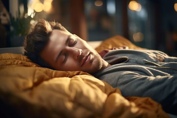 hombre durmiendo plácidamente en la cama sobre un edredón amarillo