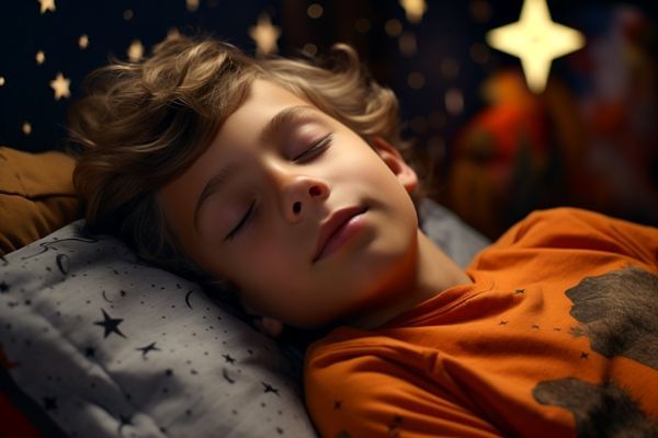 niño durmiendo en su cuartos con la ropa de cama y la decoración del dormitorio llena de estrellas