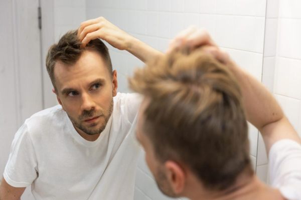 Alopecia - Hombre con una camiseta blanca en el baño revisando las entradas en su cabello frente al espejo 