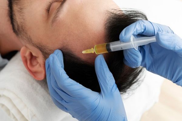 Hombre recibiendo una inyección para estimular el crecimiento de su cabello 
