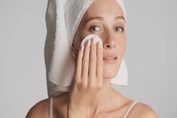 Mujer aplicando a su rostro una rutina de limpieza facial femenina