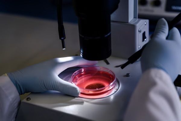 leucemia - Científico revisando un cultivo en el microscopio