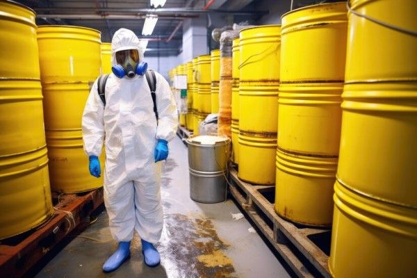 sarcoma - trabajador de una planta quimica rodeado de productos químicos que pueden causar un sarcoma
