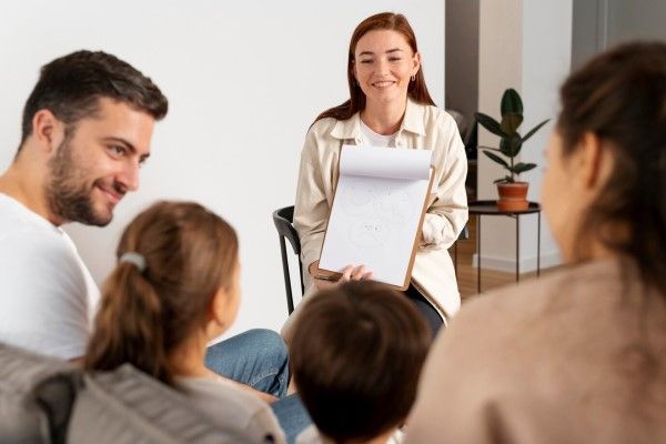 familia en terapia para averiguar si alguno de sus hijos sufre este síndrome