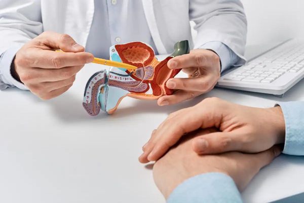 Cáncer de próstata - Especialista en su consulta con un maqueta del órgano reproductivo del hombre hablando con un paciente sobre la próstata