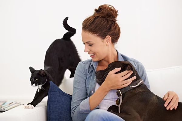 Hongos en la cabeza - mujer joven jugando con un perro y un gato
