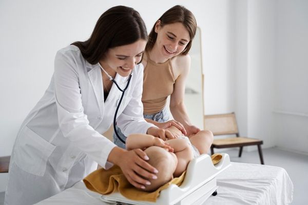 bebe en consulta de pediatría con su mama y su pediatra