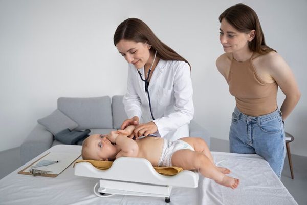 Impétigo - bebe en una consulta medica con su mama y la pediatra