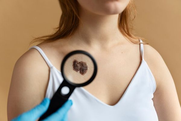 Cáncer de piel - mujer en la visita del dermatólogo por lo que parece un carcinoma de células basales