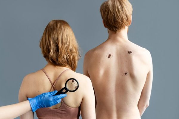 Cáncer de piel - pareja en el dermatólogo con varios melanomas en la espalda
