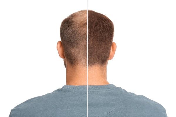 Hombre con problema de pérdida de cabello antes y después del tratamiento