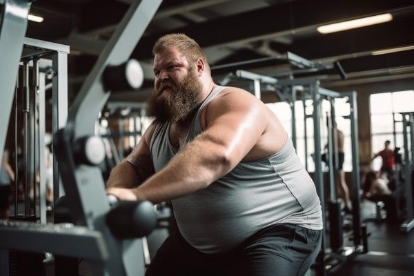 Una rutina de ejercicios en el gimnasio de un hombre obeso