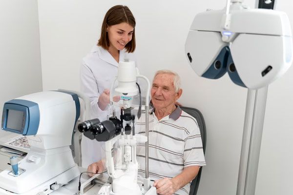 Adulto mayor acude al oftalmólogo para una revisión exhaustiva de su salud visual