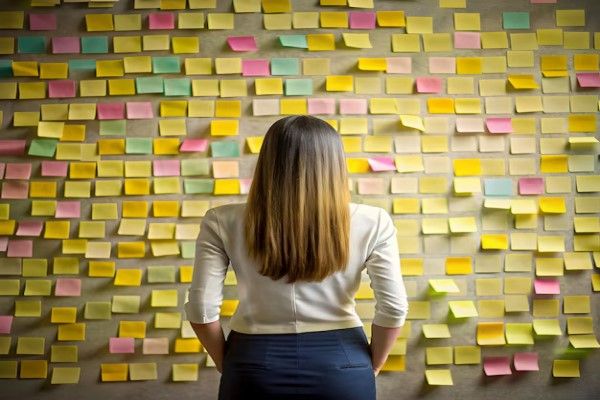  mujer mirando una pared llena post it