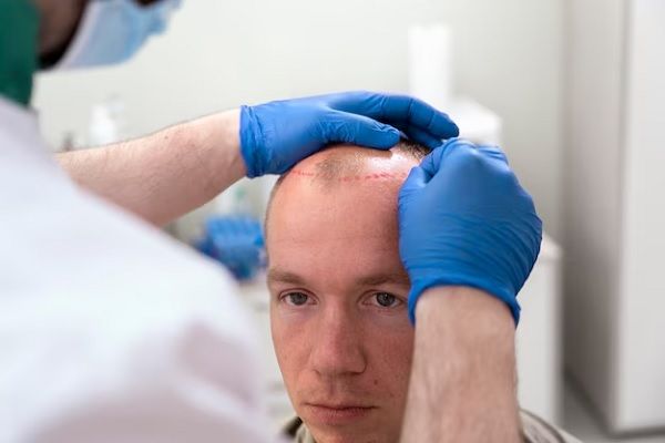trasplante capilar con la técnica FUE - hombre con problemas de alopecia en la consulta del especialista donde el tricólogo dibuja el diseño del implante en su cabeza