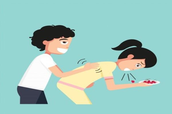 atragantamiento - dibujo de un hombre dando palmadas en la espalda de una mujer para ayudarla a expulsar algo que obstruía sus vías respiratorias