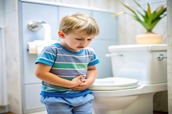  niño agarrándose el estomago en el retrete