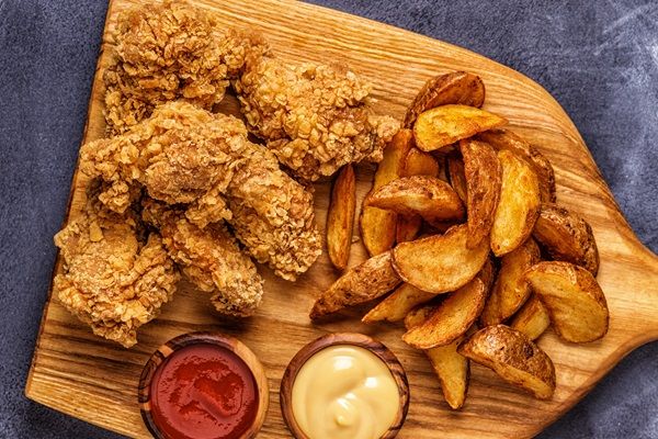 Aerofagia - Pollo frito y rodajas de patatas fritas sobre un plato de madera