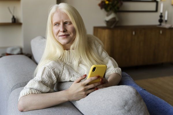 Albinismo - Mujer albina de cabello largo sentada en un sofá