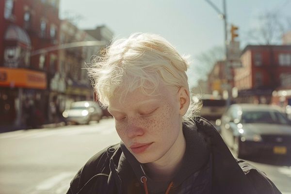 Mujer albina joven de cabello blanco y pecas en el rostro usando un abrigo