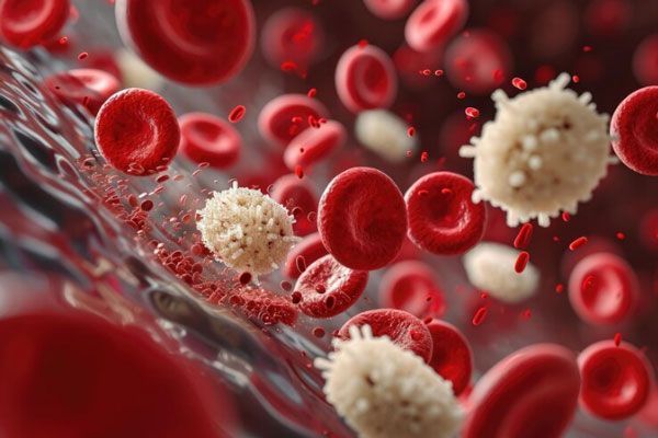 Vista microscópica de una serie de glóbulos blancos y glóbulos rojos en movimiento 