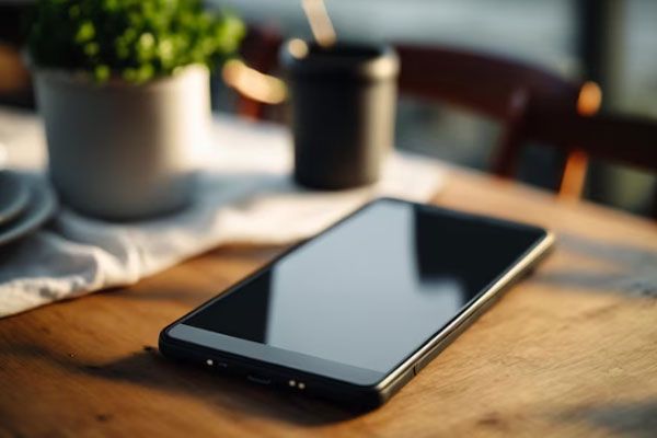 Plano detalle de un dispositivo móvil descansando sobre una mesa 