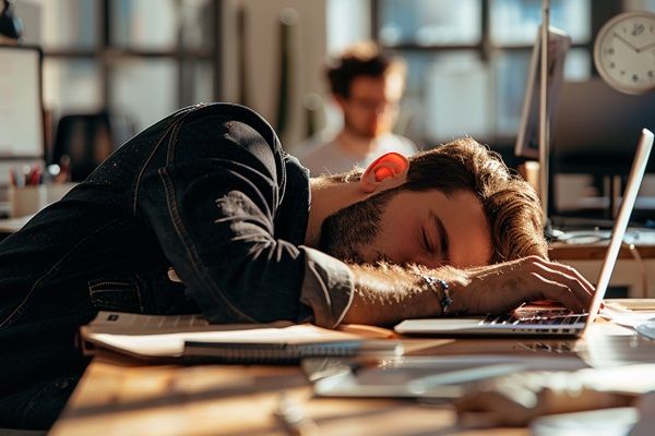 Narcolepsia - Hombre durmiendo sobre el escritorio mientras trabajaba en su laptop