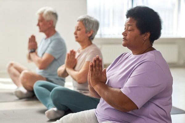 Parálisis del sueño - Adultos mayores adoptan la posición de loto mientras se relajan en una clase de yoga 
