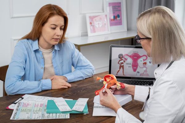 Especialista en tratamientos de fertilidad explica a una paciente el funcionamiento del órgano reproductor femenino 