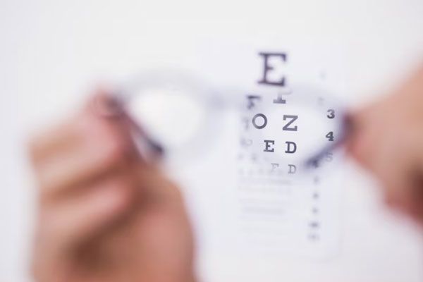 Síndrome de Turner - Gafas de lectura frente a un cartel sirven para dejar de lado la visión borrosa 