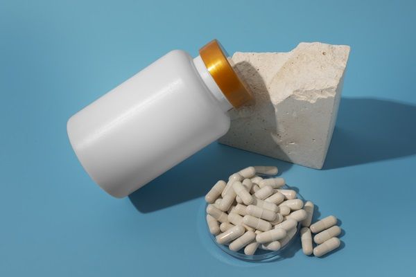 Recipiente blanco junto a varias cápsulas de pastillas sobre una mesa azul