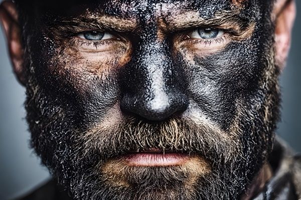 Hipertricosis - Hombre de barba y ojos claros con tinta negra en el rostro